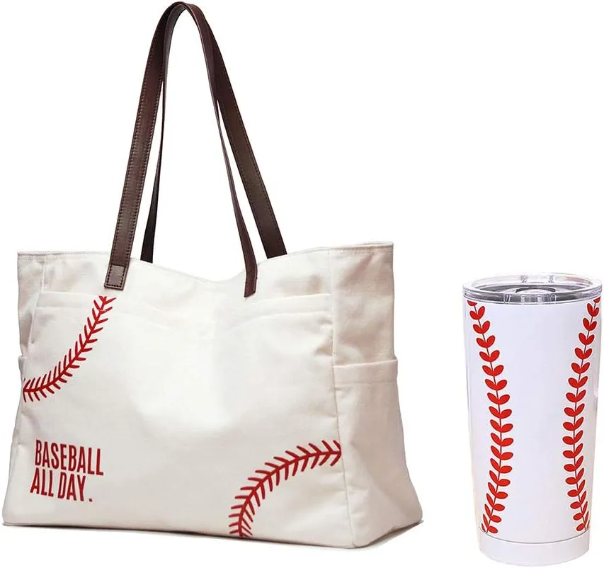 XL Baseball Mom Tote Bags For Women Canvas Utility Purse Handbag with Pockets