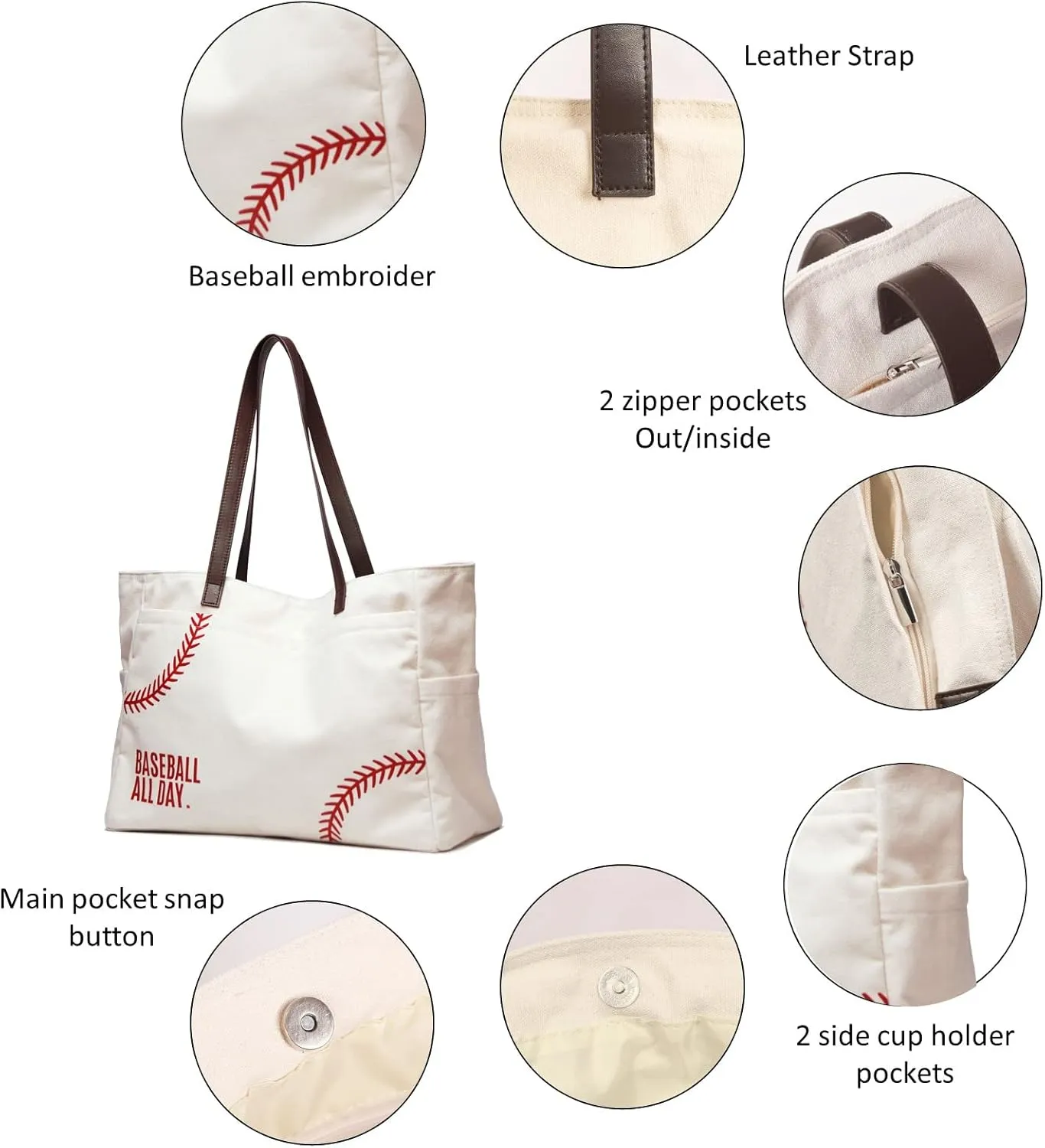 XL Baseball Mom Tote Bags For Women Canvas Utility Purse Handbag with Pockets