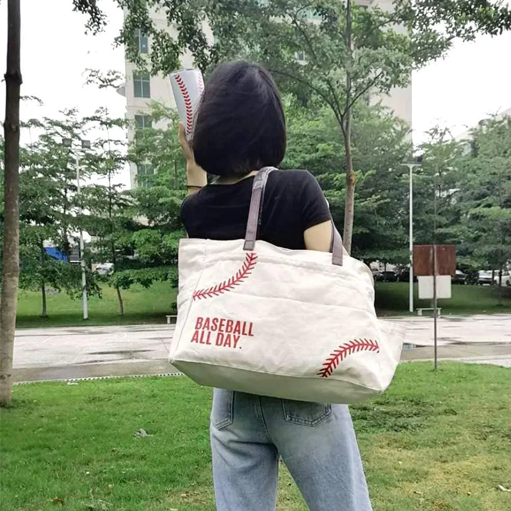 XL Baseball Mom Tote Bags For Women Canvas Utility Purse Handbag with Pockets