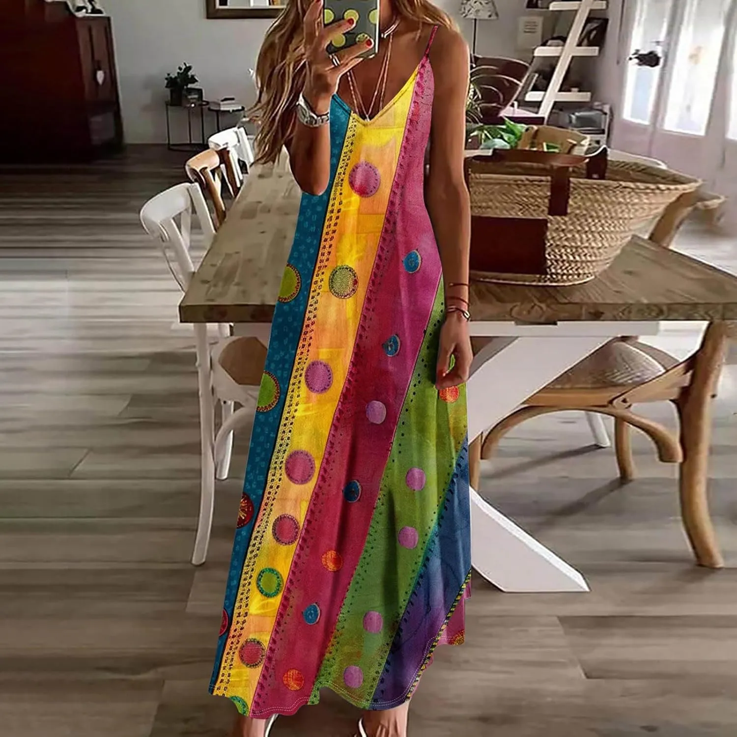 XUNRYAN 2025 Summer Dresses for Women Vacation Floral Dress Spaghetti Strap V-Neck Maxi Dress Casual Sundress Beach Outfit