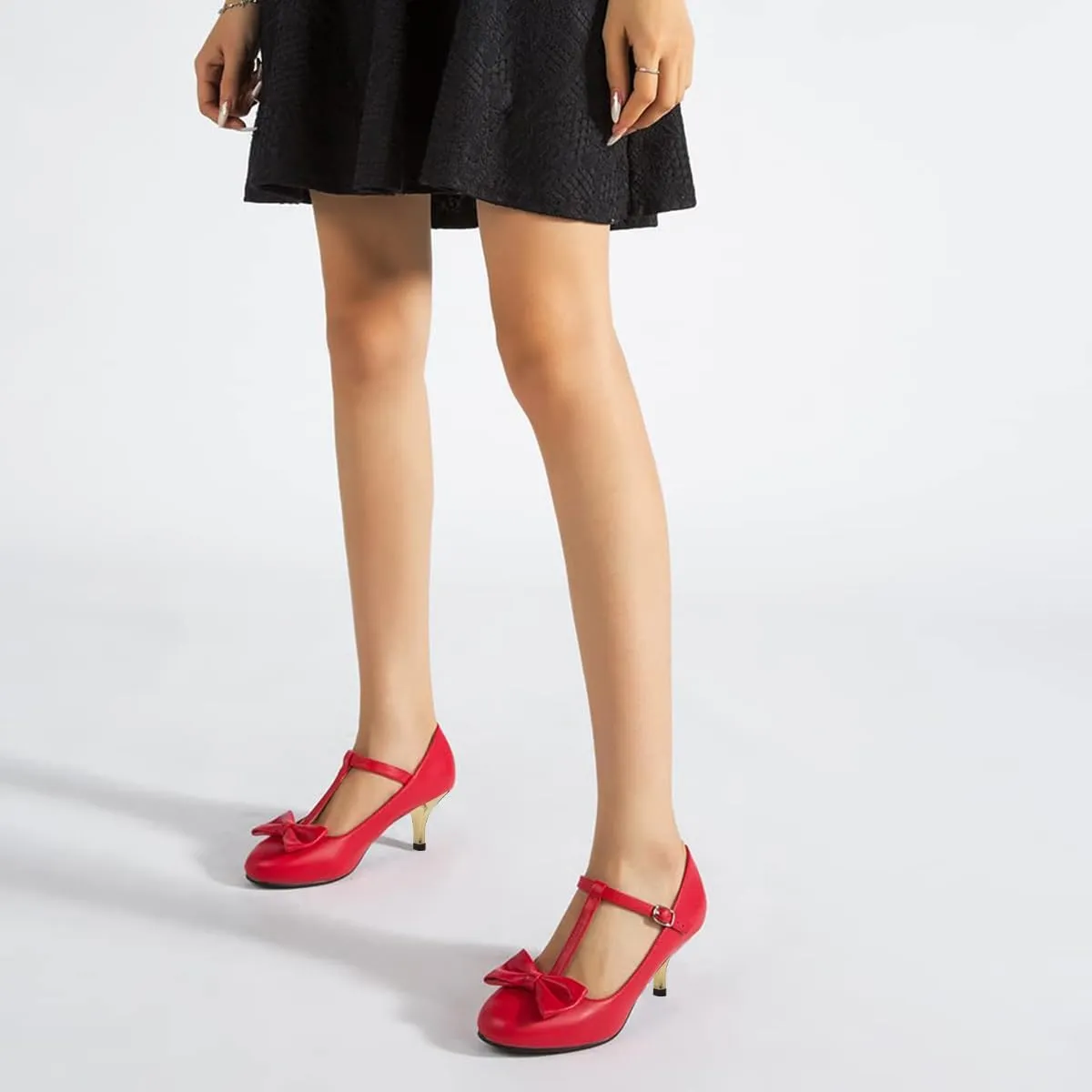 XYD Women Classic Pumps Bow Knot T-Strap Round Toe Mary Jane Kitten Low Heels with Buckle Office Pumps Casual Shoes