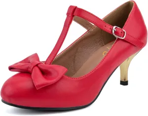 XYD Women Classic Pumps Bow Knot T-Strap Round Toe Mary Jane Kitten Low Heels with Buckle Office Pumps Casual Shoes