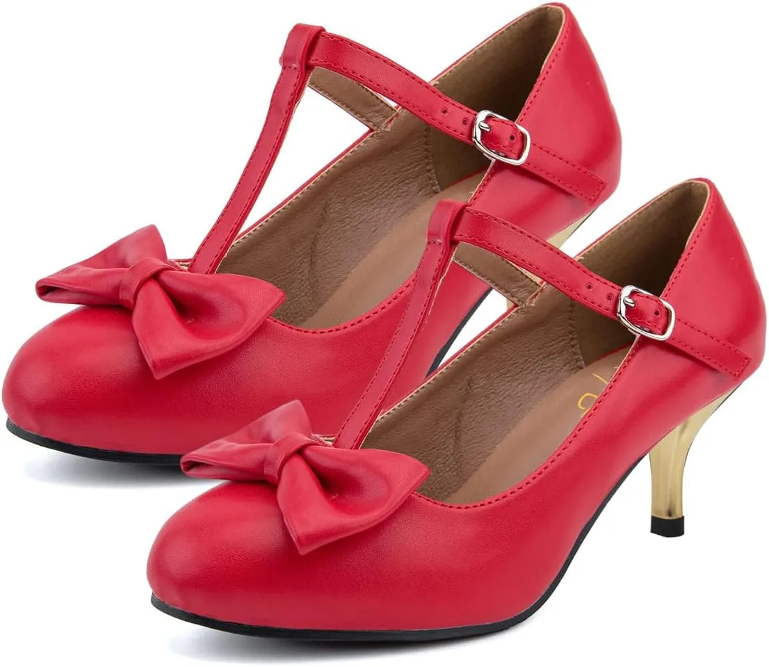XYD Women Classic Pumps Bow Knot T-Strap Round Toe Mary Jane Kitten Low Heels with Buckle Office Pumps Casual Shoes