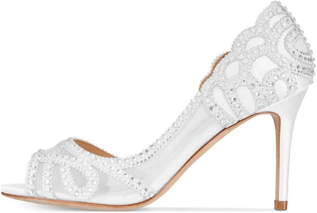 XYD Women Graceful Peep Toe Half D'Orsay Mesh Pumps Crystal Studded Slip On High Heels Wedding Bride Dress Shoes