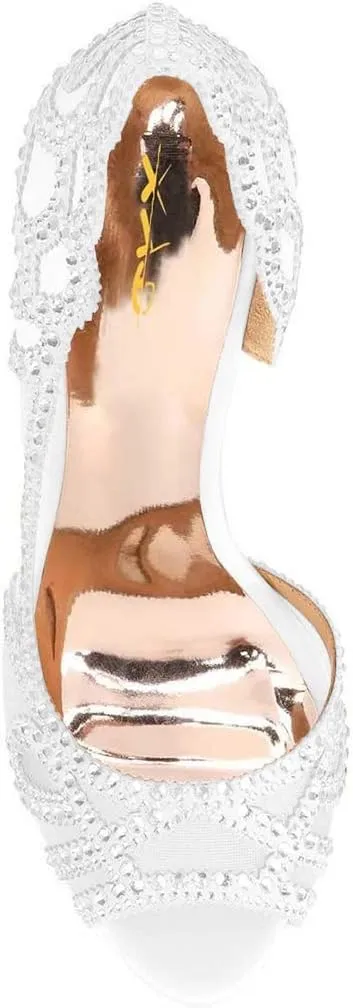 XYD Women Graceful Peep Toe Half D'Orsay Mesh Pumps Crystal Studded Slip On High Heels Wedding Bride Dress Shoes