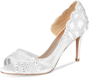 XYD Women Graceful Peep Toe Half D'Orsay Mesh Pumps Crystal Studded Slip On High Heels Wedding Bride Dress Shoes