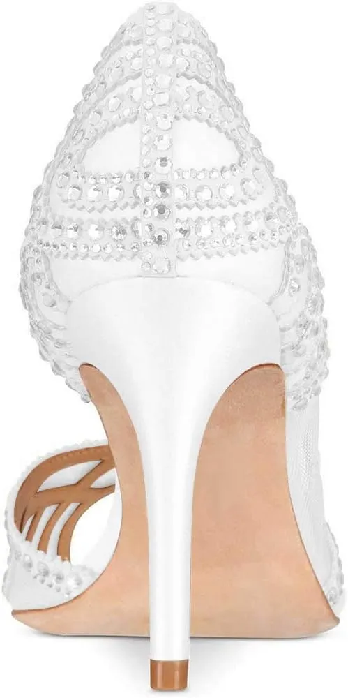 XYD Women Graceful Peep Toe Half D'Orsay Mesh Pumps Crystal Studded Slip On High Heels Wedding Bride Dress Shoes