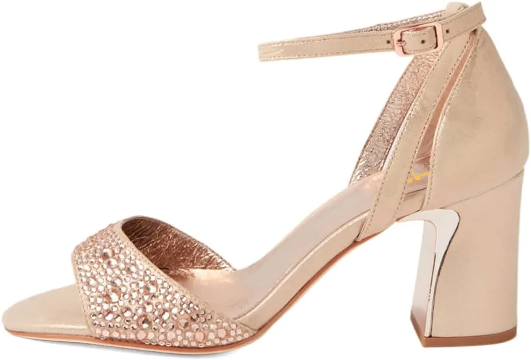 XYD Women Open Toe Bridal Wedding Sandals Shiny Crystals Block Low Heels Ankle Strap Pumps with Buckle Dress Shoes