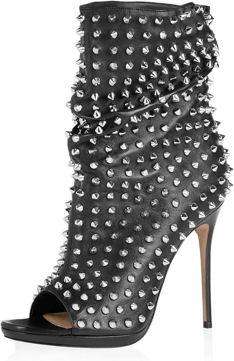 XYD Women Peep Toe High Heels Ankle Boots Rivet Studded Zip Up & Pull On Dress Booties Shoes
