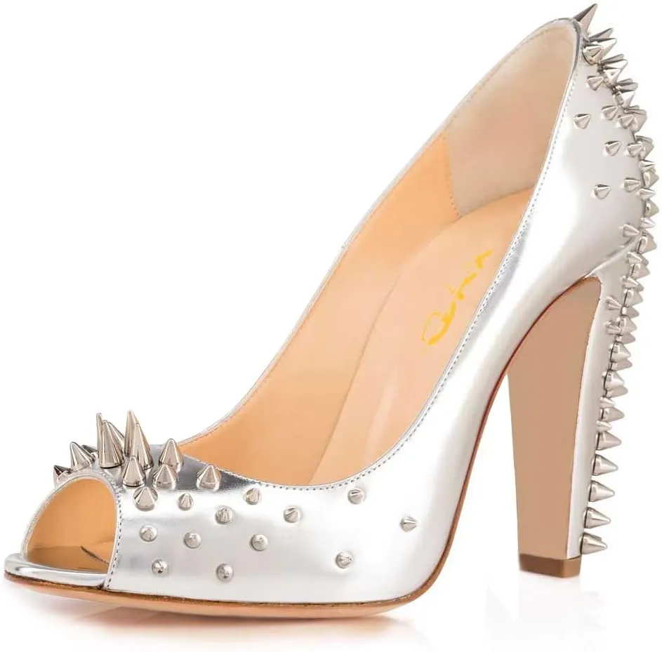 XYD Women Sexy Peep Toe Rivets Studded Slip On Pumps High Chunky Heel Nightclub Retro Party Dress Shoes