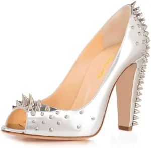 XYD Women Sexy Peep Toe Rivets Studded Slip On Pumps High Chunky Heel Nightclub Retro Party Dress Shoes