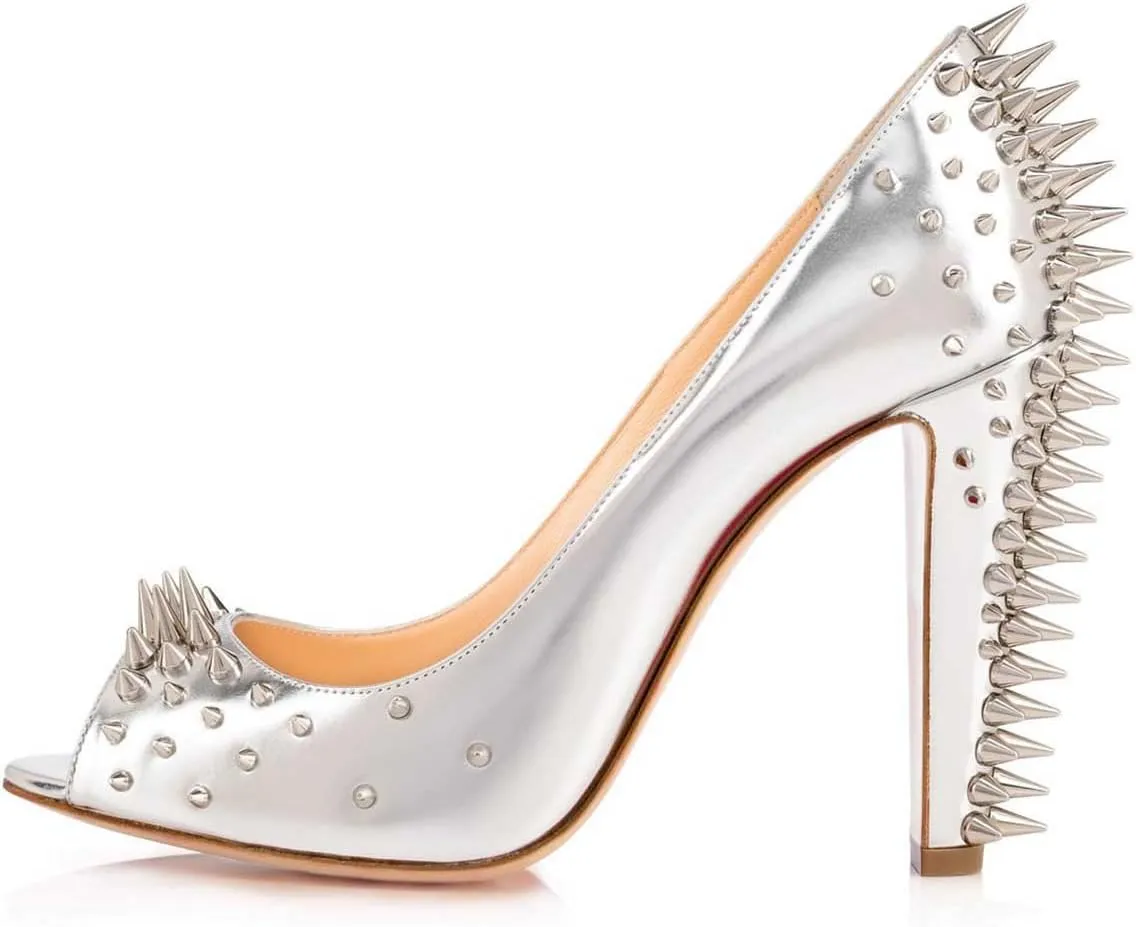XYD Women Sexy Peep Toe Rivets Studded Slip On Pumps High Chunky Heel Nightclub Retro Party Dress Shoes