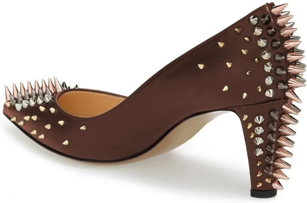 XYD Women Spikes Mid Heel Studded Pumps Pointed Closed Toe Rivets Slip On Edgy Party Dress Shoes