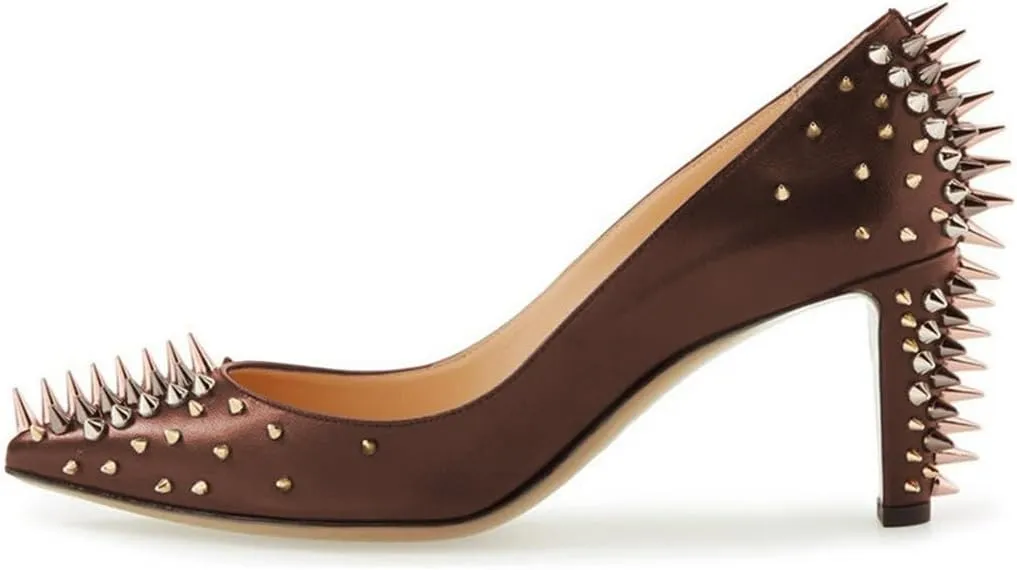 XYD Women Spikes Mid Heel Studded Pumps Pointed Closed Toe Rivets Slip On Edgy Party Dress Shoes