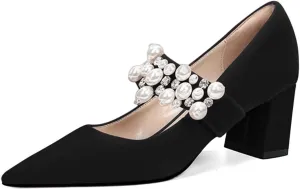 XYD Women's Pointed Toe Chunky Pumps Slip On Mary Jane Single Strap with Pearl Studs Mid Heels Stylish Party Dress Shoes