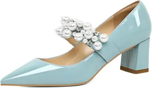 XYD Women's Pointed Toe Chunky Pumps Slip On Mary Jane Single Strap with Pearl Studs Mid Heels Stylish Party Dress Shoes