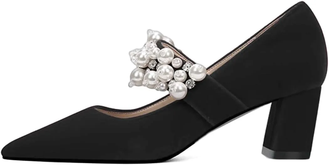 XYD Women's Pointed Toe Chunky Pumps Slip On Mary Jane Single Strap with Pearl Studs Mid Heels Stylish Party Dress Shoes