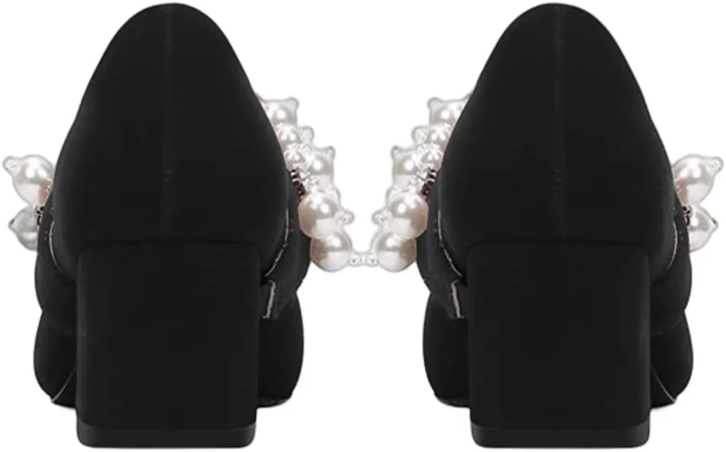 XYD Women's Pointed Toe Chunky Pumps Slip On Mary Jane Single Strap with Pearl Studs Mid Heels Stylish Party Dress Shoes