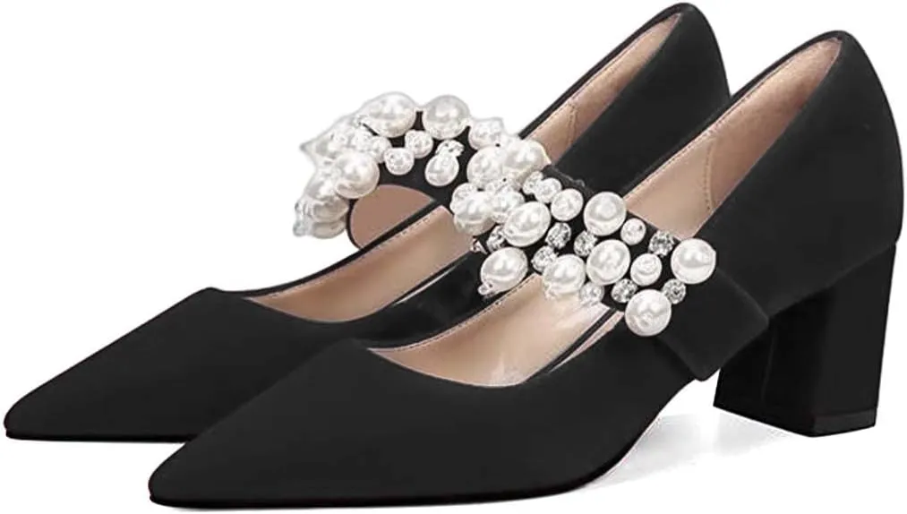 XYD Women's Pointed Toe Chunky Pumps Slip On Mary Jane Single Strap with Pearl Studs Mid Heels Stylish Party Dress Shoes