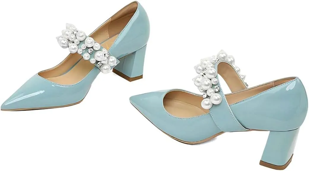 XYD Women's Pointed Toe Chunky Pumps Slip On Mary Jane Single Strap with Pearl Studs Mid Heels Stylish Party Dress Shoes