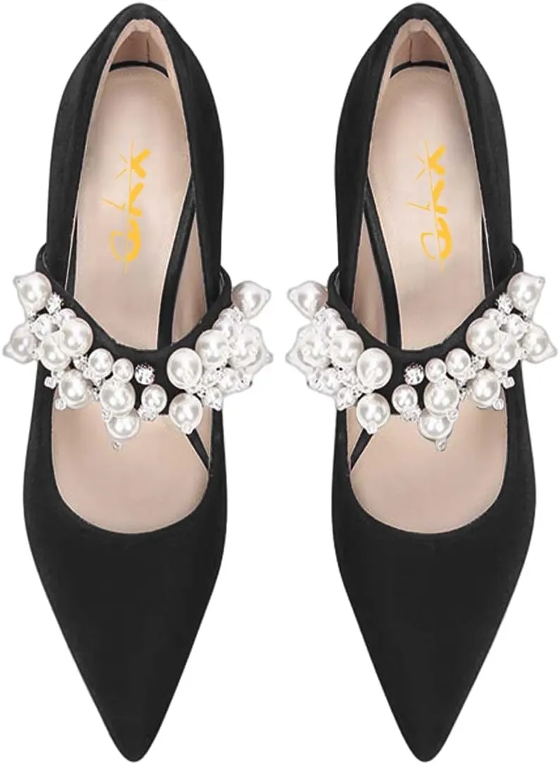 XYD Women's Pointed Toe Chunky Pumps Slip On Mary Jane Single Strap with Pearl Studs Mid Heels Stylish Party Dress Shoes