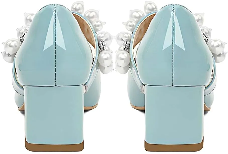 XYD Women's Pointed Toe Chunky Pumps Slip On Mary Jane Single Strap with Pearl Studs Mid Heels Stylish Party Dress Shoes