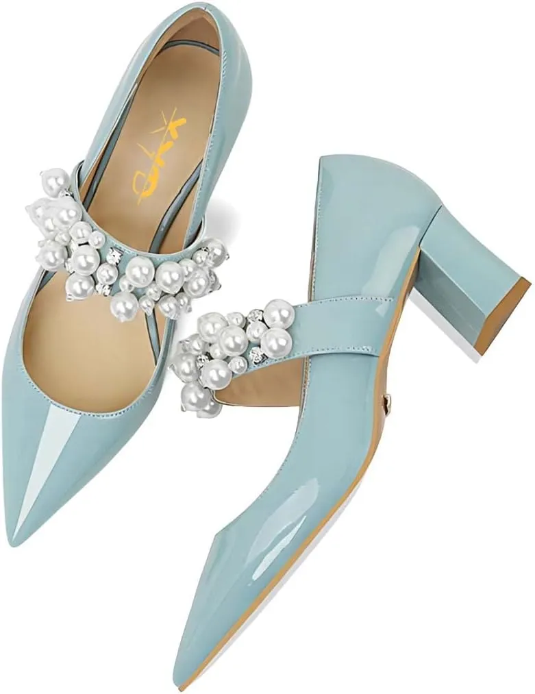 XYD Women's Pointed Toe Chunky Pumps Slip On Mary Jane Single Strap with Pearl Studs Mid Heels Stylish Party Dress Shoes