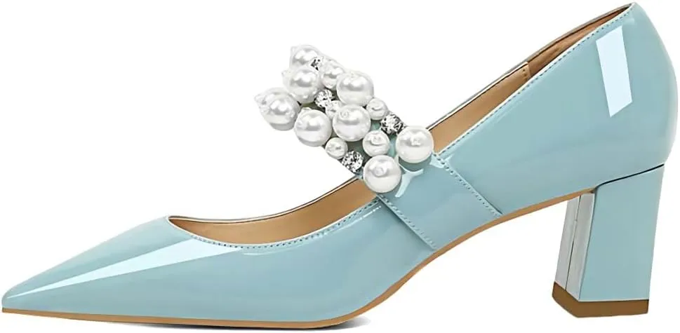 XYD Women's Pointed Toe Chunky Pumps Slip On Mary Jane Single Strap with Pearl Studs Mid Heels Stylish Party Dress Shoes