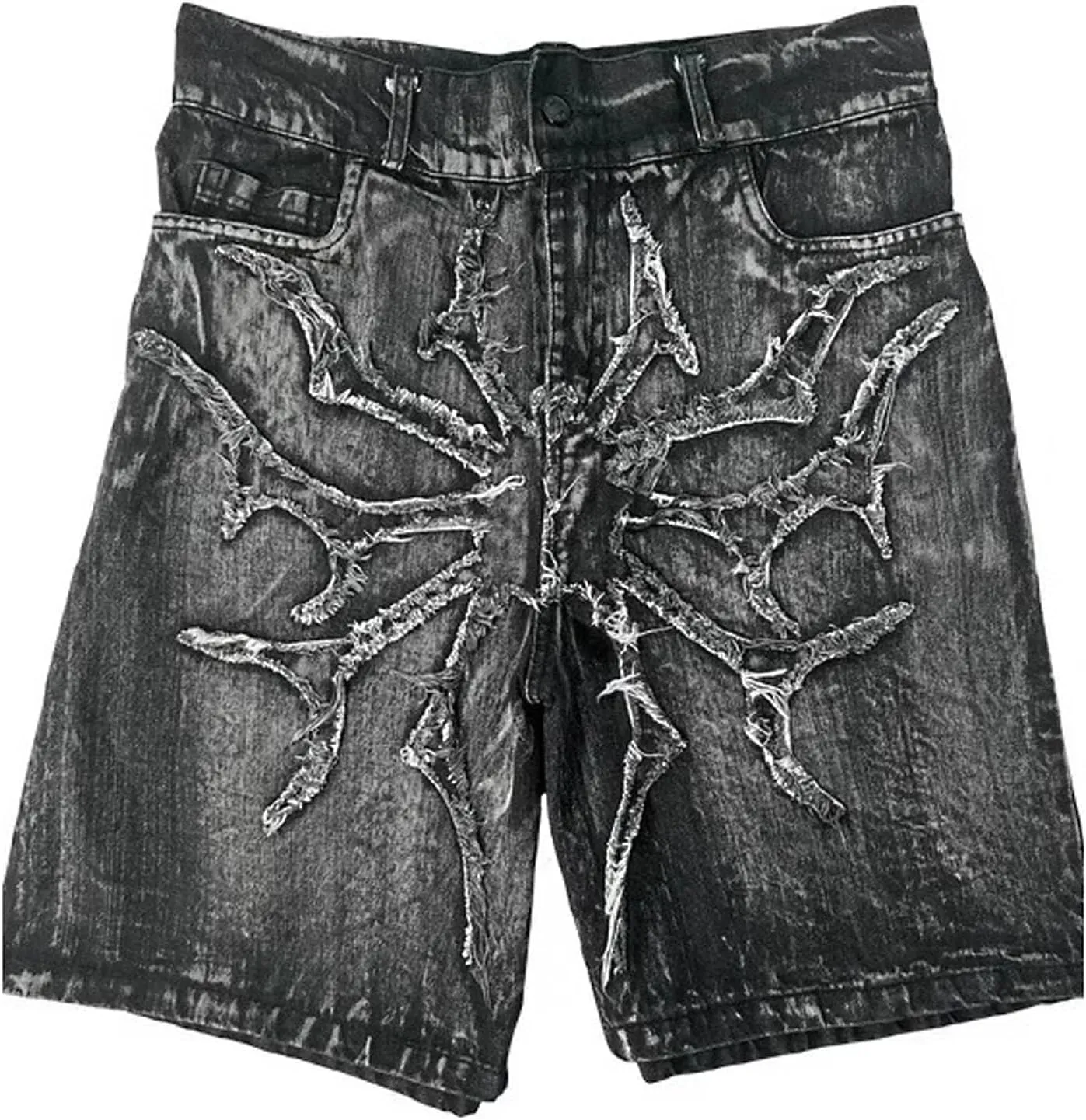 Y2K Baggy Jean Shorts Hip Hop Wide Leg Denim Shorts Distressed Embroidered Grunge Graphic Jorts Streetwear
