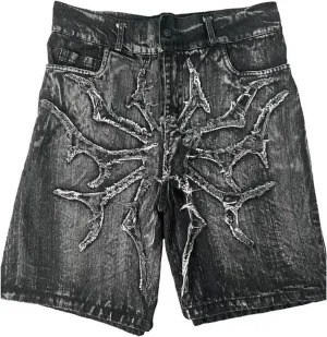 Y2K Baggy Jean Shorts Hip Hop Wide Leg Denim Shorts Distressed Embroidered Grunge Graphic Jorts Streetwear