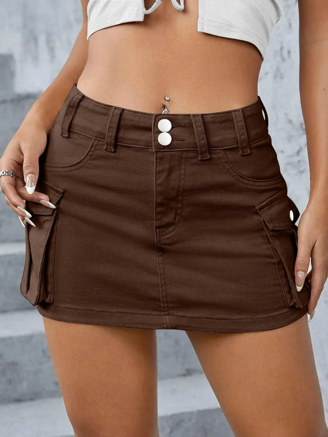Y2k Cute Cargo Mini Skirt with Pockets Low Rise Denim Skort Stretch Bodycon Skirt Country Concert Outfits for Women