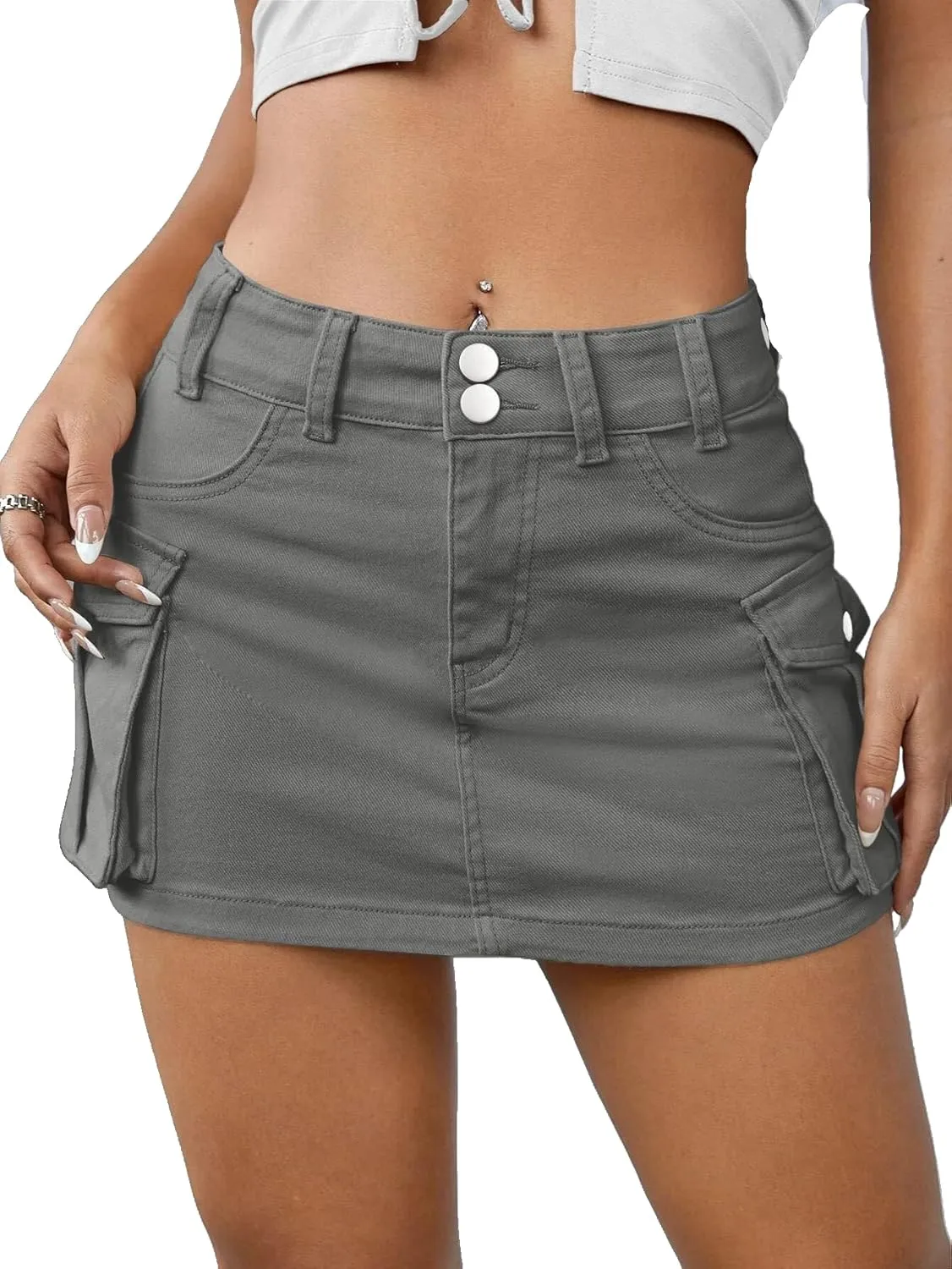 Y2k Cute Cargo Mini Skirt with Pockets Low Rise Denim Skort Stretch Bodycon Skirt Country Concert Outfits for Women
