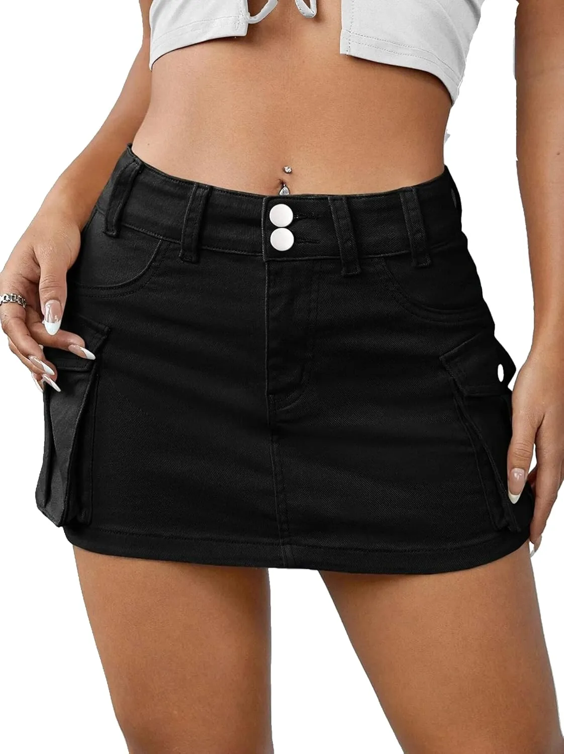 Y2k Cute Cargo Mini Skirt with Pockets Low Rise Denim Skort Stretch Bodycon Skirt Country Concert Outfits for Women