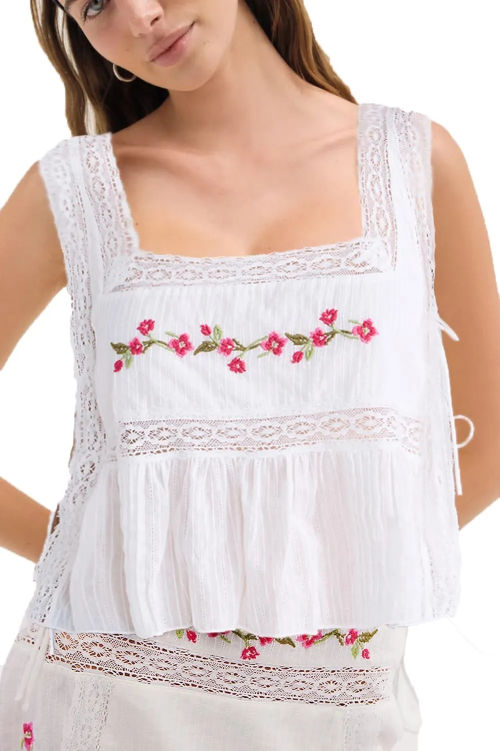 Y2k Embroidered Side Tie Vest Tops Cute Summer Lace Floral Cropped Tank Vintage Sleeveless Going Out Tops for Women