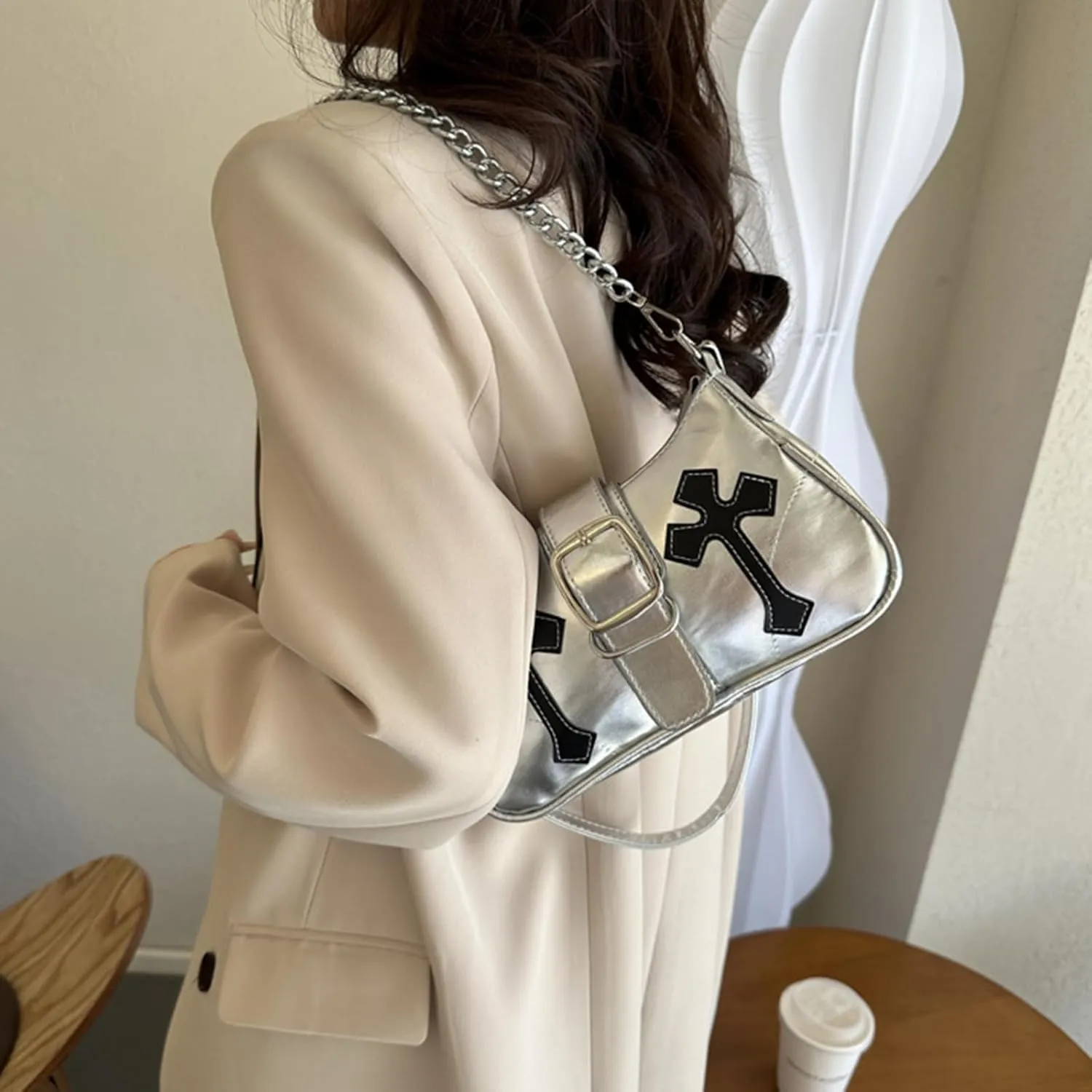Y2K Shoulde Bag for Women,Vintage Punk Cross Pattern PU Leather Purse Small Gothic Underarm Handbags