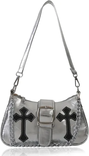 Y2K Shoulde Bag for Women,Vintage Punk Cross Pattern PU Leather Purse Small Gothic Underarm Handbags