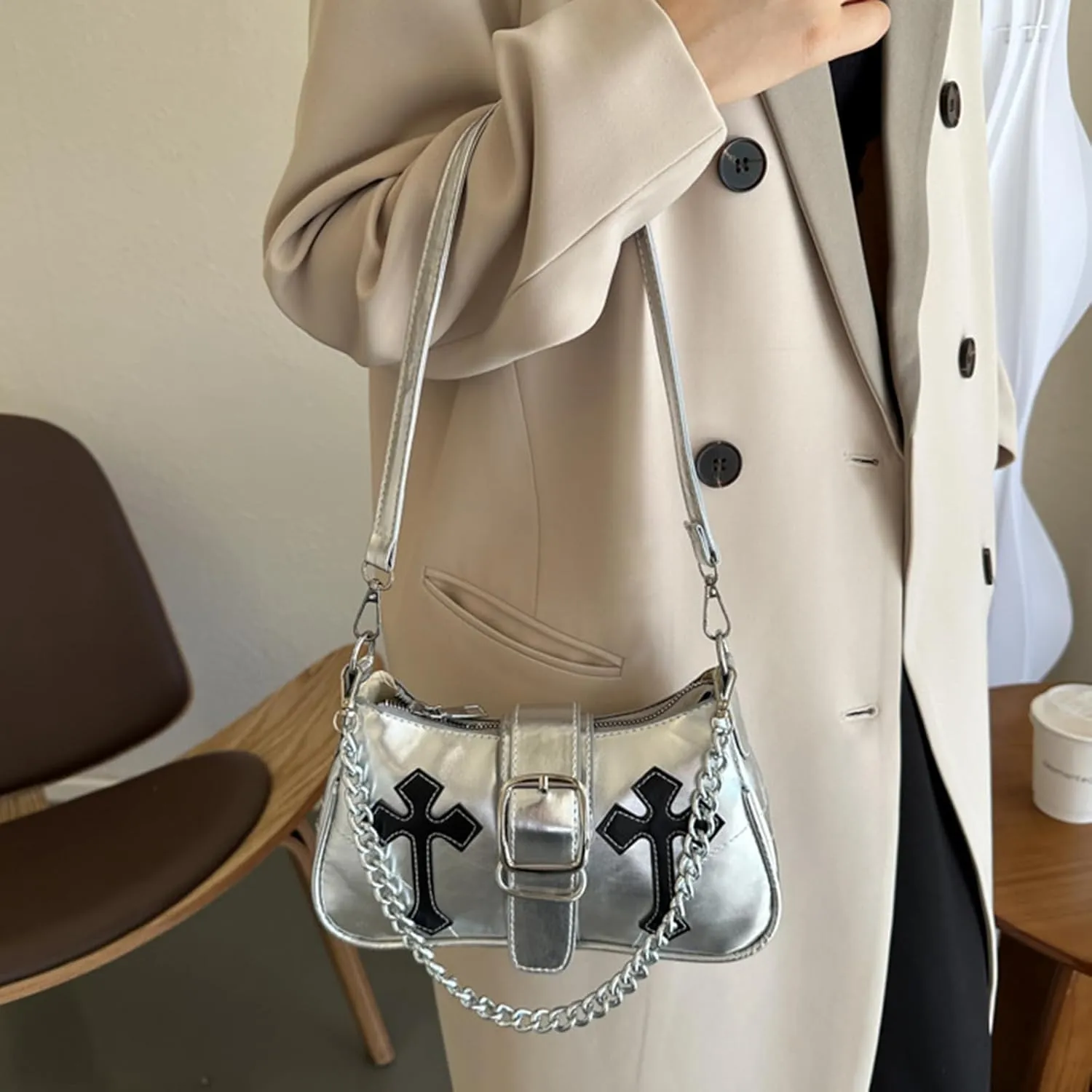 Y2K Shoulde Bag for Women,Vintage Punk Cross Pattern PU Leather Purse Small Gothic Underarm Handbags