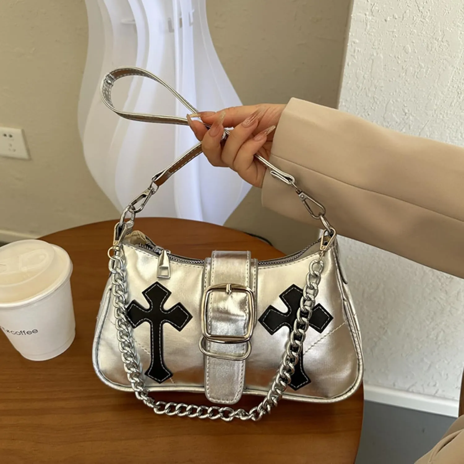 Y2K Shoulde Bag for Women,Vintage Punk Cross Pattern PU Leather Purse Small Gothic Underarm Handbags