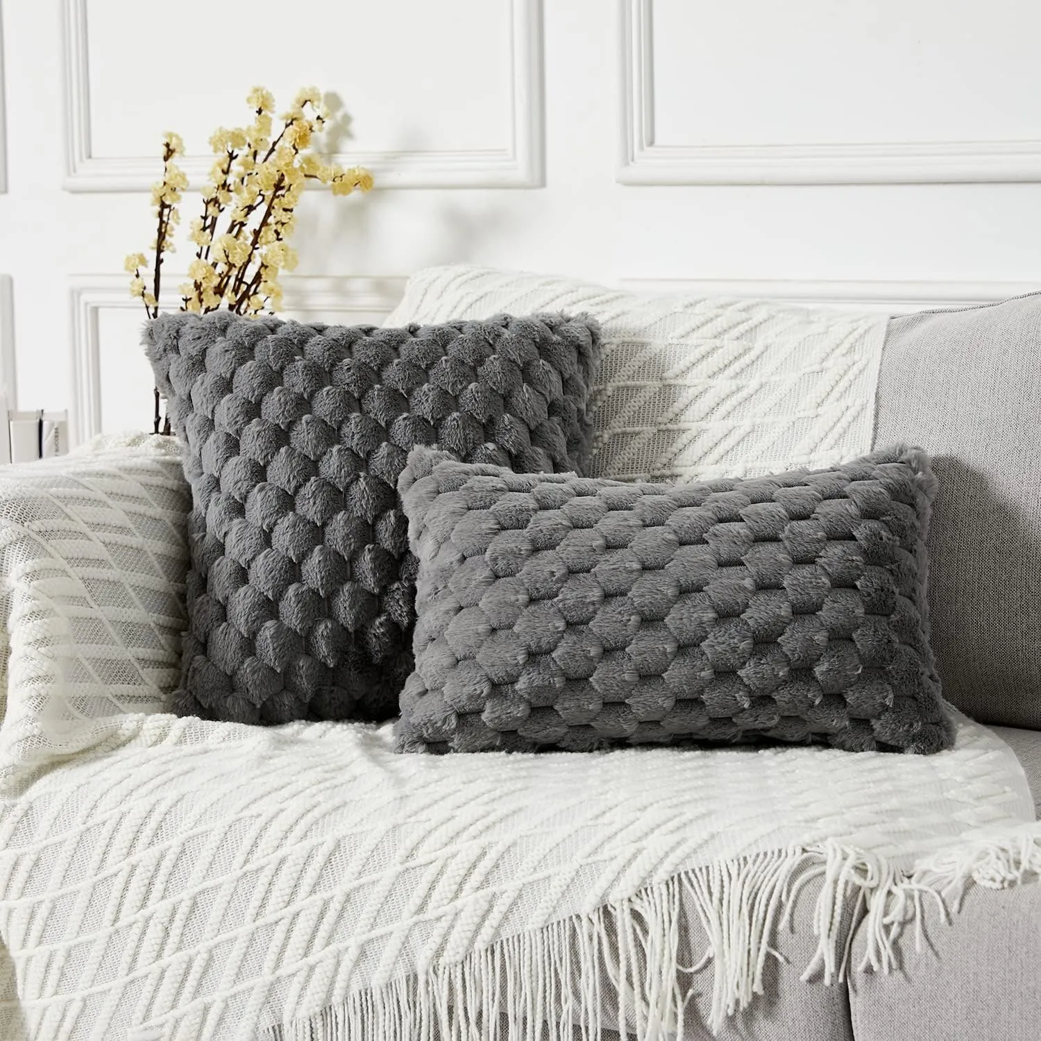 Yaertun Pack of 2 Super Soft Cozy Decorative Throw Pillow Covers Fuzzy Plush Faux Fur Luxury Cushion Cover Pillowcase for Sofa Couch Bed Livingroom 16x16 Inch Grey
