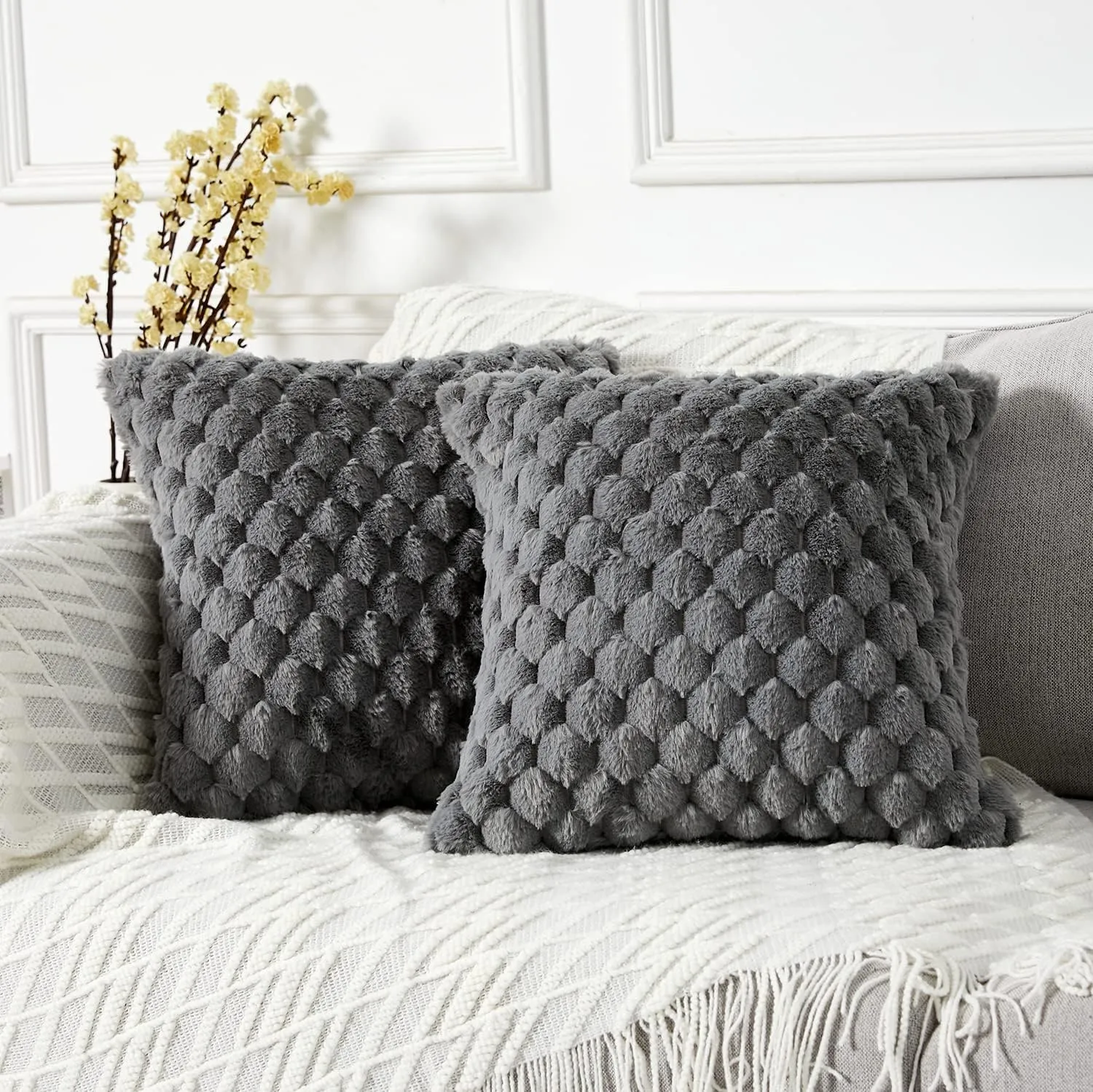 Yaertun Pack of 2 Super Soft Cozy Decorative Throw Pillow Covers Fuzzy Plush Faux Fur Luxury Cushion Cover Pillowcase for Sofa Couch Bed Livingroom 16x16 Inch Grey