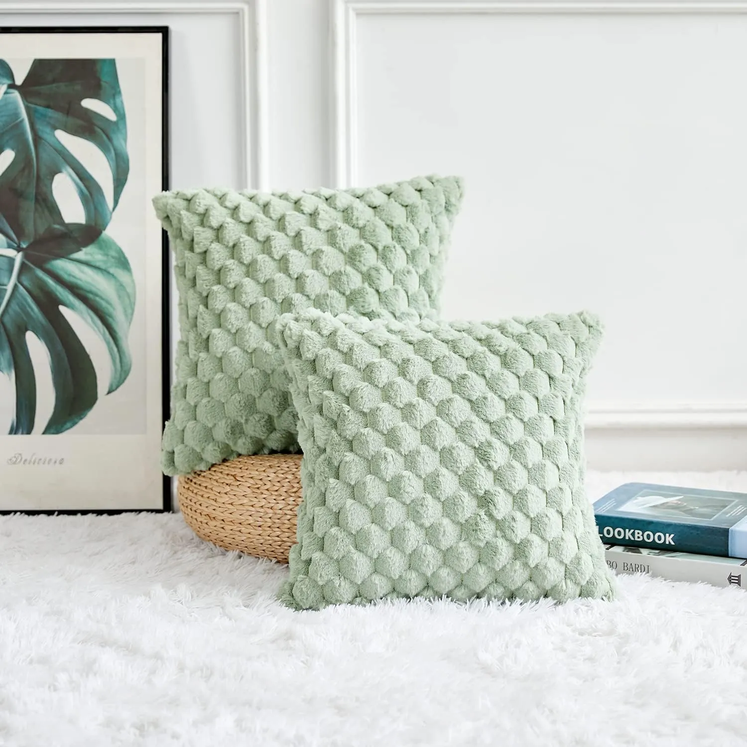 Yaertun Pack of 2 Super Soft Cozy Decorative Throw Pillow Covers Fuzzy Plush Faux Fur Luxury Cushion Cover Pillowcase for Sofa Couch Bed Livingroom 16x16 Inch Sage Green