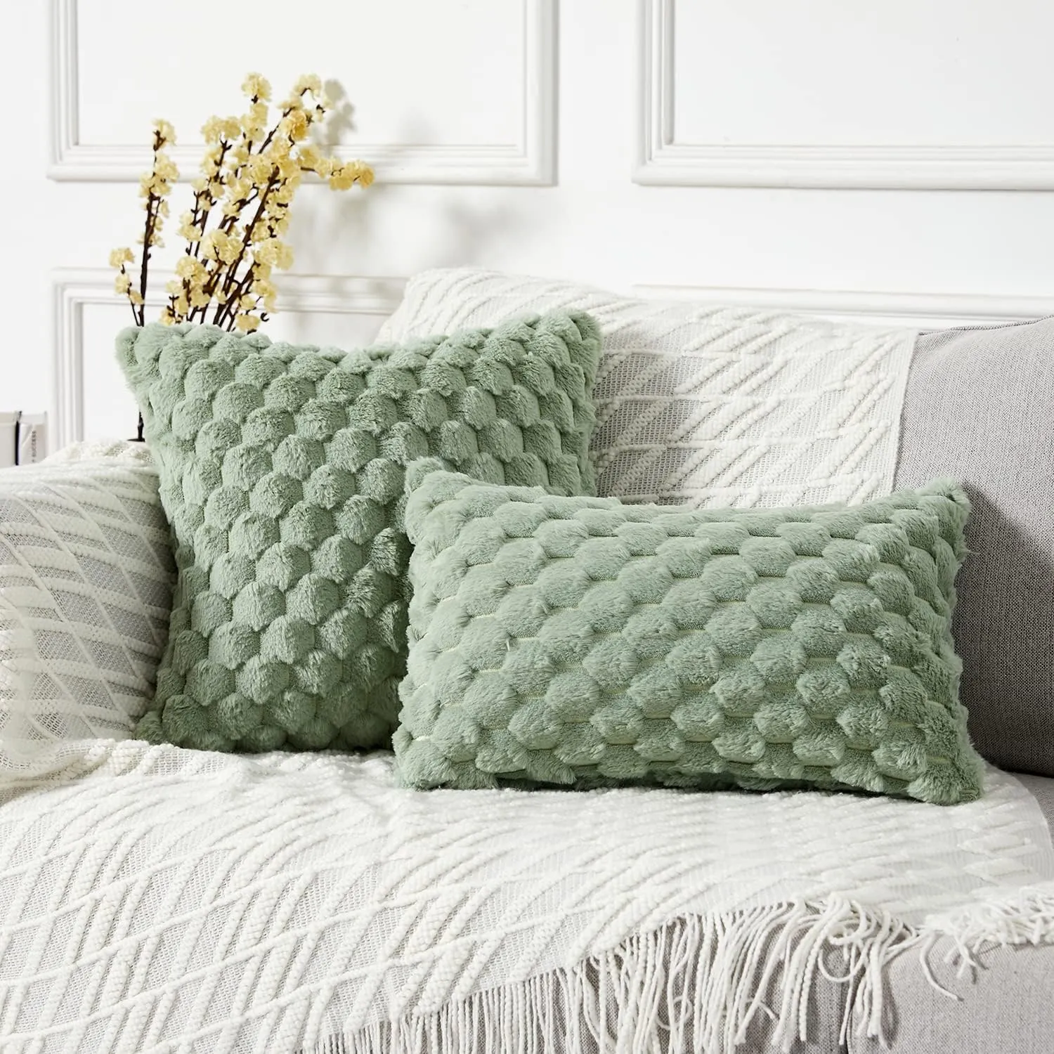 Yaertun Pack of 2 Super Soft Cozy Decorative Throw Pillow Covers Fuzzy Plush Faux Fur Luxury Cushion Cover Pillowcase for Sofa Couch Bed Livingroom 16x16 Inch Sage Green