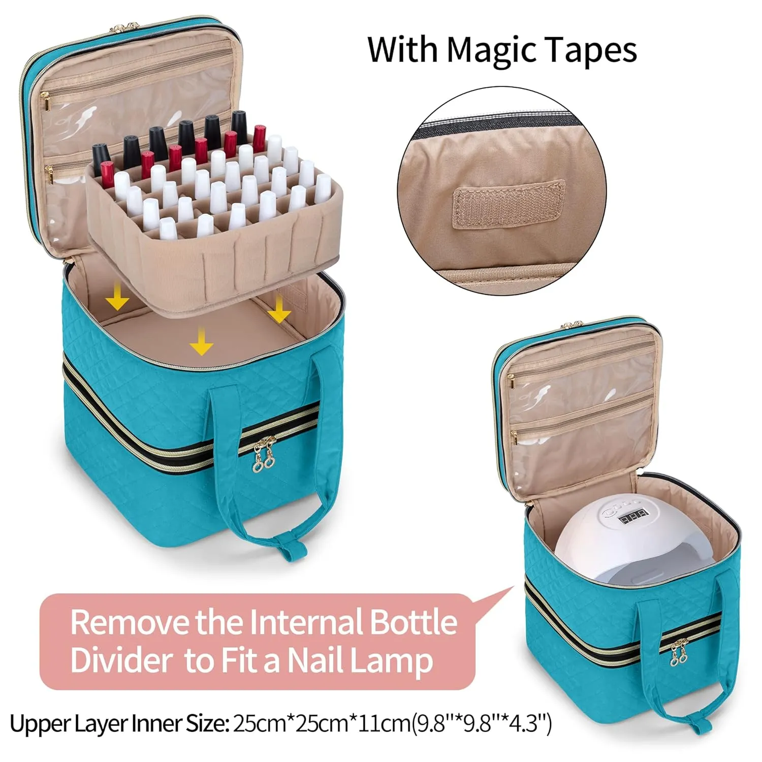 Yarwo Nail Polish Organizer - 72 Bottle Case (15ml/0.5 fl.oz), Detachable 3-Layer Storage Bag with Removable Dividers for Nail Lamp & Tools, Teal
