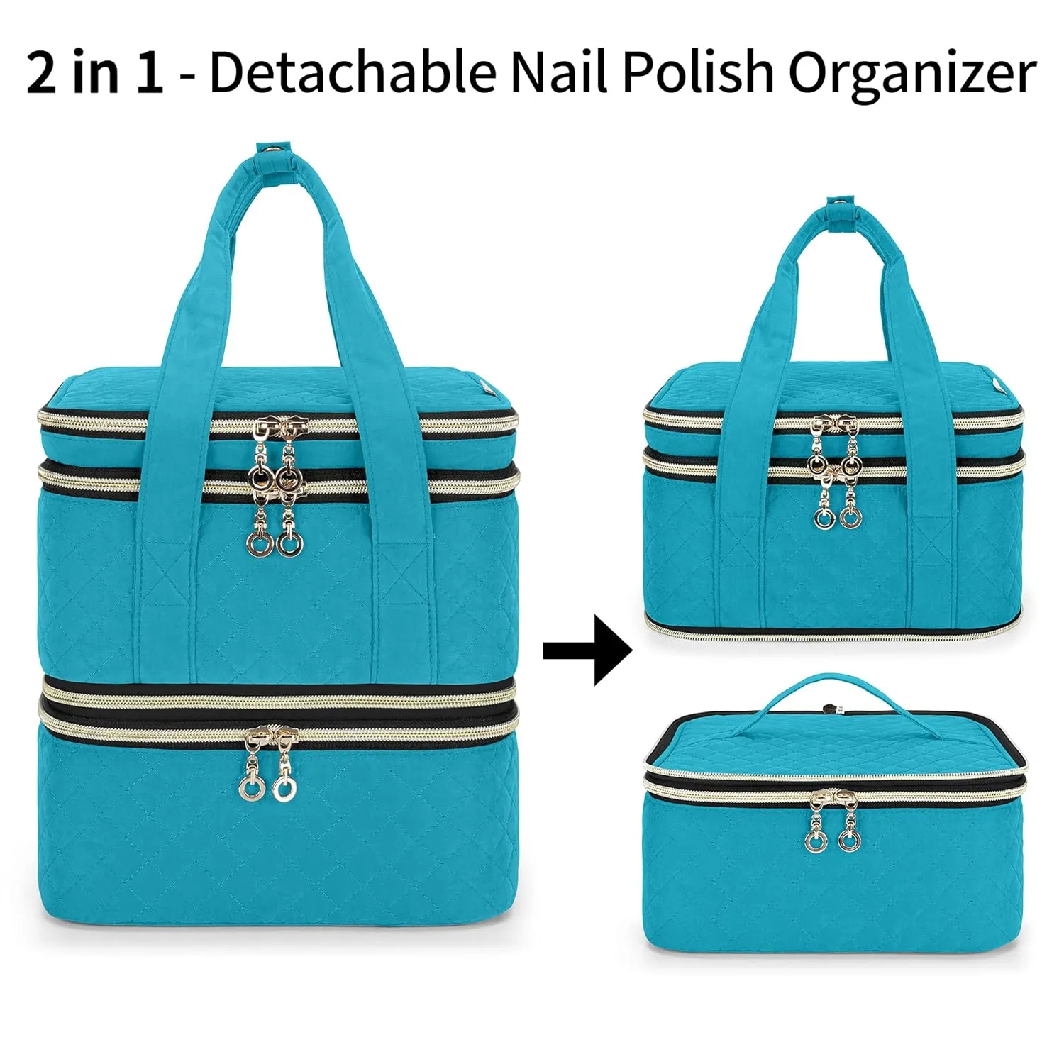 Yarwo Nail Polish Organizer - 72 Bottle Case (15ml/0.5 fl.oz), Detachable 3-Layer Storage Bag with Removable Dividers for Nail Lamp & Tools, Teal