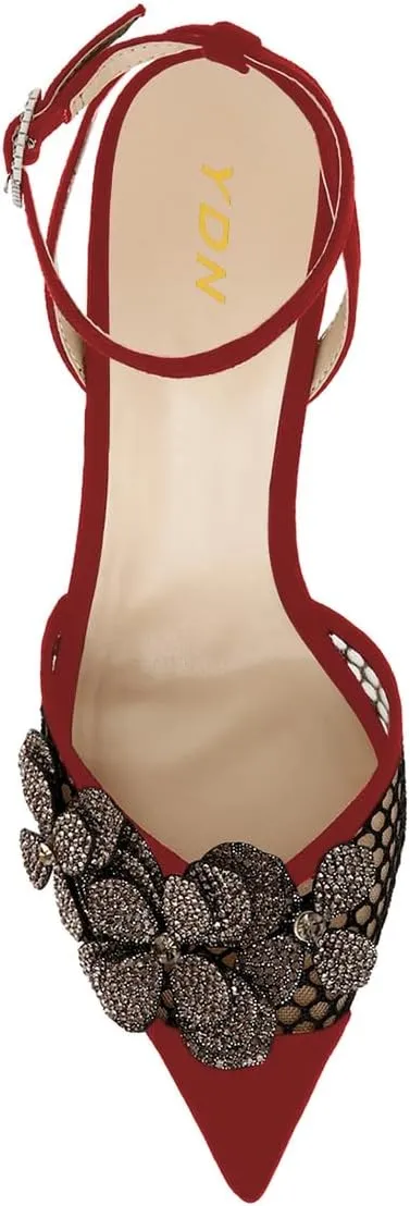 YDN Women Ankle Strap Pumps Pointed Toe Mesh Sandals Flower Kitten Mid Heels Studded Buckle Shoes Party Evening Prom Size 4-16 US