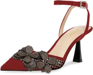 YDN Women Ankle Strap Pumps Pointed Toe Mesh Sandals Flower Kitten Mid Heels Studded Buckle Shoes Party Evening Prom Size 4-16 US
