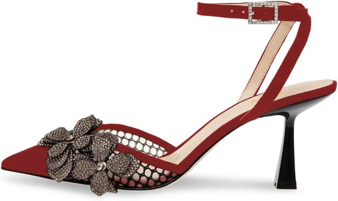 YDN Women Ankle Strap Pumps Pointed Toe Mesh Sandals Flower Kitten Mid Heels Studded Buckle Shoes Party Evening Prom Size 4-16 US