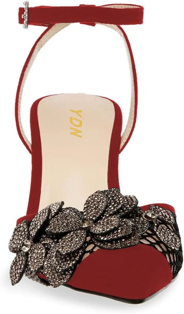 YDN Women Ankle Strap Pumps Pointed Toe Mesh Sandals Flower Kitten Mid Heels Studded Buckle Shoes Party Evening Prom Size 4-16 US