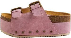 Yishaweiqi Women's Suede Platform Sandals Comfortable Cork Footbed Studded Flatform Sandals Adjustable Buckle Straps Flat Clogs Slide Sandals