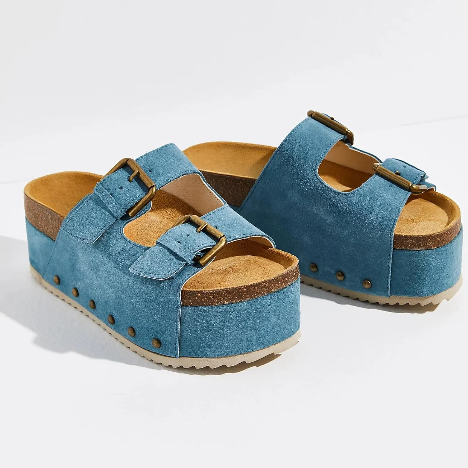 Yishaweiqi Women's Suede Platform Sandals Comfortable Cork Footbed Studded Flatform Sandals Adjustable Buckle Straps Flat Clogs Slide Sandals